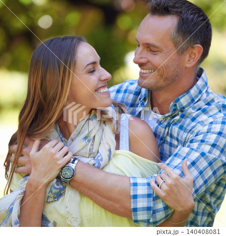 Couple, happy and hug in park with smile for adventure, bonding and anniversary in countryside. Nature, man and woman with love in forest on date, holiday and vacation together for commitment Couple, happy and hug in park with smile for adventure, bonding and anniversary in countryside. Nature, man and woman with love in forest on date, holiday and vacation together for commitment 140408081