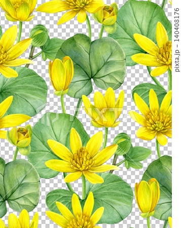 Watercolor seamless pattern with yellow lesser celandine (ficaria verna) flowers, buds and leaves. Hand-painted illustration for fabric, wallpaper, wrapping paper, stationery, packaging, textiles. Watercolor seamless pattern with yellow lesser celandine (ficaria verna) flowers, buds and leaves. Hand-painted illustration for fabric, wallpaper, wrapping paper, stationery, packaging, textiles. 140408176