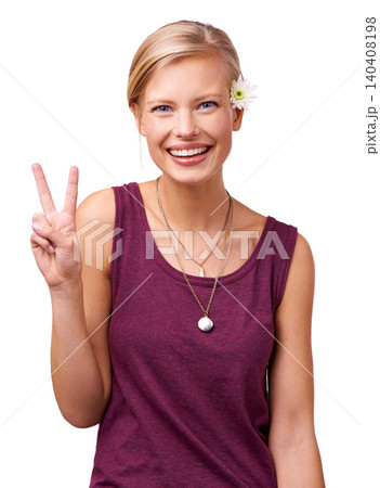 Model, portrait or peace sign with smile or flower isolated on white background for fashion. Casual girl, happy woman or person in studio with v hand gesture, spring clothes or floral art for support 140408198