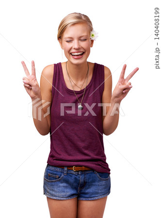 Happy woman, laughing and peace sign with fashion or flower isolated on white background. Casual girl, model and natural person in studio with fun v hand gesture, spring clothes or hippie smile 140408199