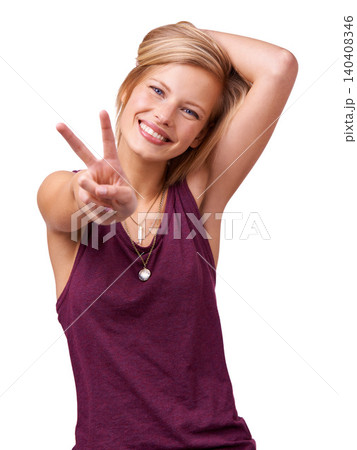 Happy woman, portrait and peace sign with fashion or smile isolated on a white background. Casual girl, model and natural person in studio with fun hand gesture, spring clothes or smile with support Happy woman, portrait and peace sign with fashion or smile isolated on a white background. Casual girl, model and natural person in studio with fun hand gesture, spring clothes or smile with support 140408346