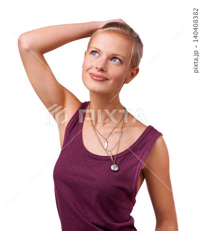 Woman, thinking and future at college on studio, white background or scholarship mock up. Student, planning and remember ideas for university, education or happy with decision, information or choice Woman, thinking and future at college on studio, white background or scholarship mock up. Student, planning and remember ideas for university, education or happy with decision, information or choice 140408382