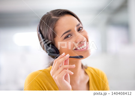 Smile, phone call and portrait of woman with headset, help desk and callcenter at crm office. Proud, happy or professional consultant with job in telemarketing, customer service and online support. Smile, phone call and portrait of woman with headset, help desk and callcenter at crm office. Proud, happy or professional consultant with job in telemarketing, customer service and online support. 140408412