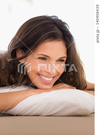 Wake up, relax or face of a happy woman in bed for resting with health or peace alone in home. House, morning or calm female person in apartment on break or pillow with smile to start day or chill Wake up, relax or face of a happy woman in bed for resting with health or peace alone in home. House, morning or calm female person in apartment on break or pillow with smile to start day or chill 140408439