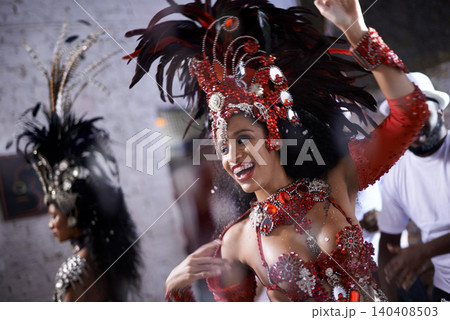 Happy, dancer and samba for carnival and music festival or night performance with costume and band. Woman, dancing and drums for event, celebration and culture or history in Rio de Janeiro, Brazil Happy, dancer and samba for carnival and music festival or night performance with costume and band. Woman, dancing and drums for event, celebration and culture or history in Rio de Janeiro, Brazil 140408503
