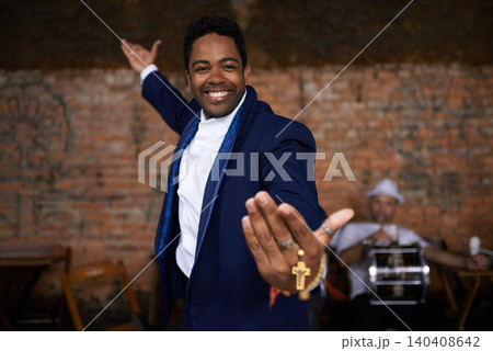 Preacher, portrait and smile by stage as charismatic evangelist and man with talent in band. Happy person, face or minister in church by professional musician or share gospel message to congregation Preacher, portrait and smile by stage as charismatic evangelist and man with talent in band. Happy person, face or minister in church by professional musician or share gospel message to congregation 140408642