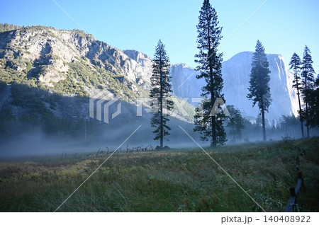 Morning mist over Yosemite Valley meadow with El Capitan and pine trees. 140408922