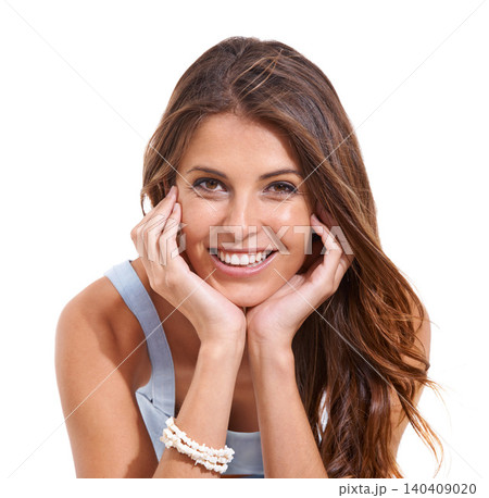 Beauty, happy and portrait of woman on a white background in trendy clothes, style and casual outfit. Stylish, smile and face of isolated person with confidence, happiness and pride in studio Beauty, happy and portrait of woman on a white background in trendy clothes, style and casual outfit. Stylish, smile and face of isolated person with confidence, happiness and pride in studio 140409020