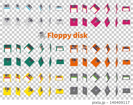 A collection of retro-pop floppy disk illustrations in various angles and colors. A collection of retro-pop floppy disk illustrations in various angles and colors. 140409117