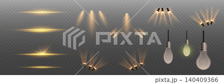Collection of transparent lens flares, spotlights, and hanging light sources creating illumination effects 140409366