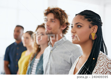 Line, woman and group with diversity for recruitment in row, waiting and serious for career opportunity. People, candidates and onboarding team with pride, confidence and interview process at company 140409395