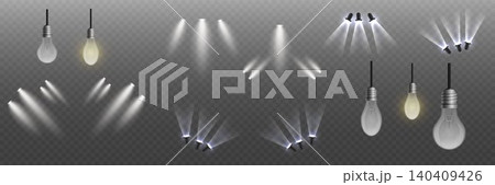 Set of realistic light effects including spotlights and hanging bulbs on transparent background Set of realistic light effects including spotlights and hanging bulbs on transparent background 140409426