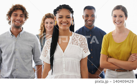 Business people, portrait and smile with teamwork in studio for recruitment, onboarding and hiring process with pride. Collaboration, professional workers and face with diversity on white background Business people, portrait and smile with teamwork in studio for recruitment, onboarding and hiring process with pride. Collaboration, professional workers and face with diversity on white background 140409429