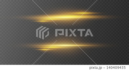 Golden glowing horizontal light lines creating a dynamic speed trail or lens flare effect on transparent background Golden glowing horizontal light lines creating a dynamic speed trail or lens flare effect on transparent background 140409435