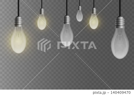 Group of hanging light bulbs, some glowing, on a transparent background 140409470