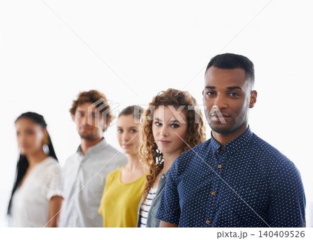Internship, diversity and portrait of people, employees in row on white background. Recruitment, new job and opportunities for career path, candidates and wait for evaluation process in studio Internship, diversity and portrait of people, employees in row on white background. Recruitment, new job and opportunities for career path, candidates and wait for evaluation process in studio 140409526