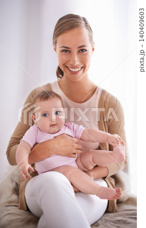 Mother, portrait and newborn baby on bed with love, support and care for family on maternity. Happy mom, parent or woman relaxing with her child or infant for childhood development and growth at home Mother, portrait and newborn baby on bed with love, support and care for family on maternity. Happy mom, parent or woman relaxing with her child or infant for childhood development and growth at home 140409603