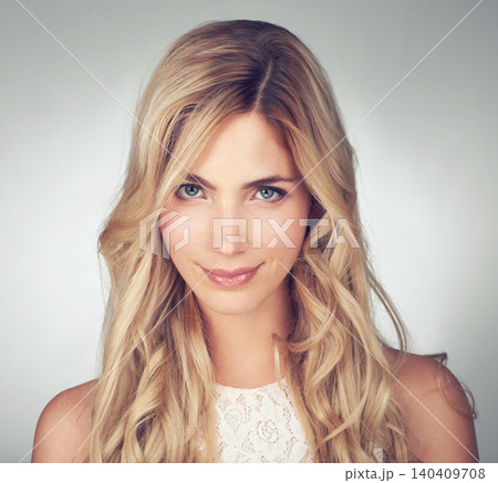 Beauty, hair care and portrait of woman with smile for growth, salon and styling on white background. Female person, face and hairstyle with confidence for shampoo, shine or keratin treatment Beauty, hair care and portrait of woman with smile for growth, salon and styling on white background. Female person, face and hairstyle with confidence for shampoo, shine or keratin treatment 140409708