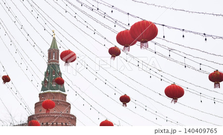 Chinese New Year celebration in Moscow with red lanterns and Kremlin tower Chinese New Year celebration in Moscow with red lanterns and Kremlin tower 140409765