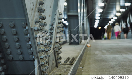 Pedestrian crossing on a bridge with people. Pedestrian crossing on a bridge with people. 140409850