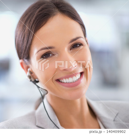 Call center, woman and portrait for telemarketing or communication with headset, happiness and contact us. Customer support, employee and face of agent with consulting, help desk and advisor at work 140409902