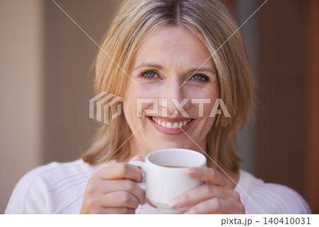 Portrait, happy and mature woman with coffee for morning, ambition or fresh cup of tea to start the day. Face of female person with smile, beverage or latte for caffeine drink at cafe or restaurant Portrait, happy and mature woman with coffee for morning, ambition or fresh cup of tea to start the day. Face of female person with smile, beverage or latte for caffeine drink at cafe or restaurant 140410031