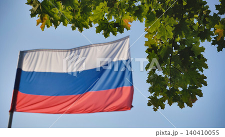 Russia flag waving under blue sky with green maple leaves overhead Russia flag waving under blue sky with green maple leaves overhead 140410055