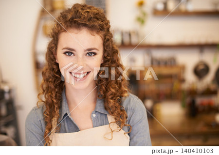 Portrait, restaurant and happy woman with confidence in small business for service with pride in bakery. Coffee shop, cafe and face of girl waitress with hospitality, smile or entrepreneur at startup 140410103