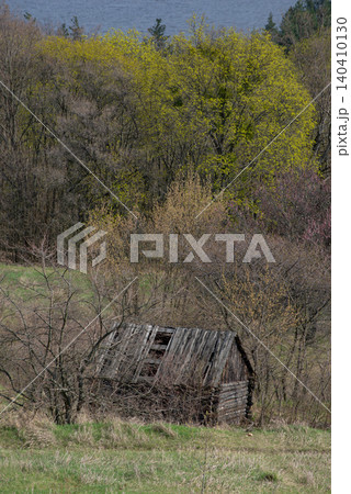 The old abandoned wooden house and view to Dnipro River in early spring season. Landscape Of Vytachiv village near Kyiv, Ukraine. 140410130