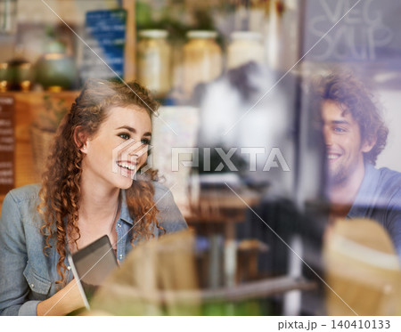 Conversation, window and people in restaurant together for bonding, social gathering and lunch. Coffee shop, brunch and diversity with group of friends relax in cafe for chat, drinks and happy face. 140410133