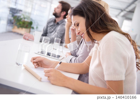 Business woman, smile and writing for meeting, diary and copywriter for account project in office. Professional female person, coworkers and notebook for company, read and conference room strategy 140410166
