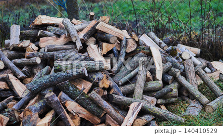 Unloading firewood and throwing it in a pile. Close-up. Unloading firewood and throwing it in a pile. Close-up. 140410529