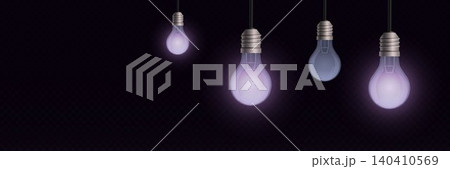 Four light bulbs, three glowing purple, hanging against a dark textured background 140410569