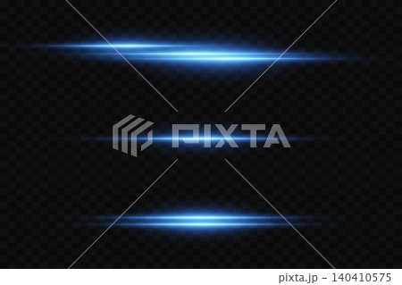 Blue horizontal light streaks with lens flare effect radiating energy on a dark background 140410575