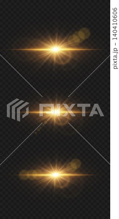 Golden light effects with starburst flash and horizontal lens flare, suitable for overlays Golden light effects with starburst flash and horizontal lens flare, suitable for overlays 140410606