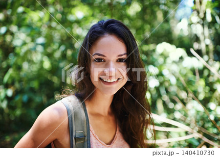Nature, hiking and portrait of woman in forest with backpack for outdoor adventure trail on vacation. Smile, travel and person with bag for trekking in woods on holiday or weekend trip in Canada. Nature, hiking and portrait of woman in forest with backpack for outdoor adventure trail on vacation. Smile, travel and person with bag for trekking in woods on holiday or weekend trip in Canada. 140410730