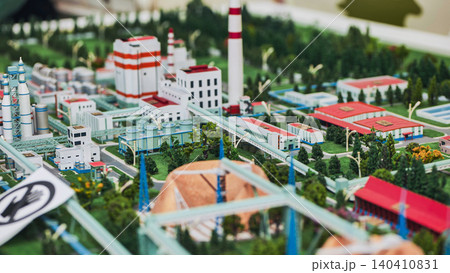 Industrial complex scale model showing factory layout and engineering design Industrial complex scale model showing factory layout and engineering design 140410831