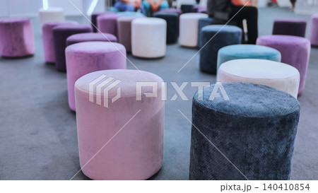 Colorful velvet stools arranging for exhibition seating contemporary design Colorful velvet stools arranging for exhibition seating contemporary design 140410854