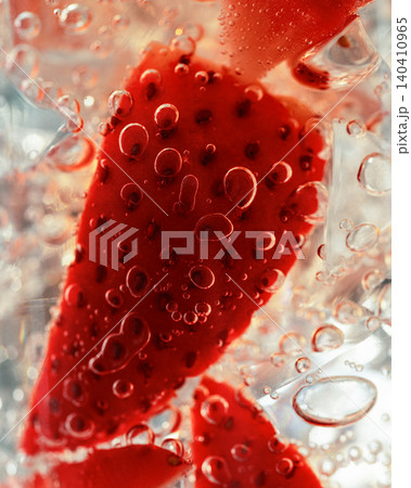 Strawberry macro bubbles fresh soda texture Strawberry macro bubbles fresh soda texture 140410965