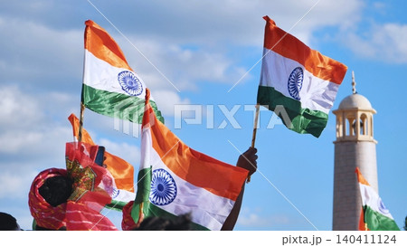 Indian flags waving at a cultural festival celebrating India Day in Moscow, Russia Indian flags waving at a cultural festival celebrating India Day in Moscow, Russia 140411124