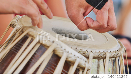Hands performing on tabla drums during India Day cultural festival in Moscow 140411245