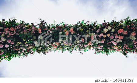Wedding arch with pink and white flowers creating a beautiful floral tunnel against sky Wedding arch with pink and white flowers creating a beautiful floral tunnel against sky 140411358