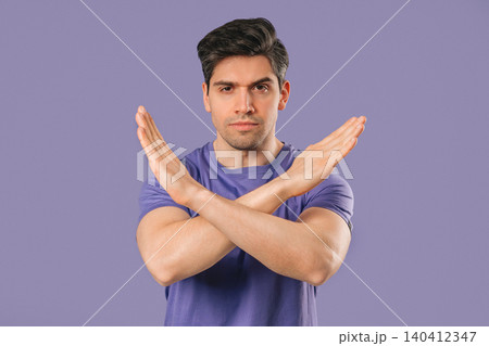 Dissatisfied handsome man Disapproving With No Sign, Refuse Offer. Rejecting 140412347