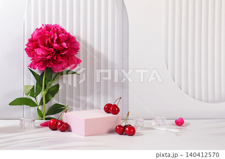 Elegant sunny colorful banner with peony flowers, cherries, and ice cubes. Summer party concepts, bar menu. A beautiful, empty spring podium and template for your creativity, product display stand Elegant sunny colorful banner with peony flowers, cherries, and ice cubes. Summer party concepts, bar menu. A beautiful, empty spring podium and template for your creativity, product display stand 140412570