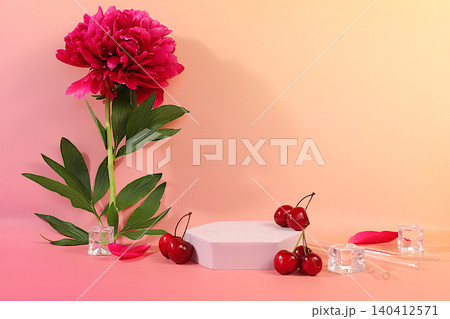 Premium podium with peony, cherries and ice cubes on a sunny elegant background, summer party concept, minimalist abstract background for product presentation, design template, podium on a pedestal Premium podium with peony, cherries and ice cubes on a sunny elegant background, summer party concept, minimalist abstract background for product presentation, design template, podium on a pedestal 140412571