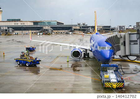 Miami, Florida, USA - August 06, 2025: Boeing 737 MAX. Airplane terminal for airline. Southwest airline plane departure airport. Airport terminal. Departure and arrival at airport. Southwest Airlines Miami, Florida, USA - August 06, 2025: Boeing 737 MAX. Airplane terminal for airline. Southwest airline plane departure airport. Airport terminal. Departure and arrival at airport. Southwest Airlines 140412702