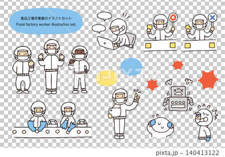 一組插圖,描繪了各種場景,例如食品工廠工人正在工作或遇到問題。 一組插圖,描繪了各種場景,例如食品工廠工人正在工作或遇到問題。 140413122