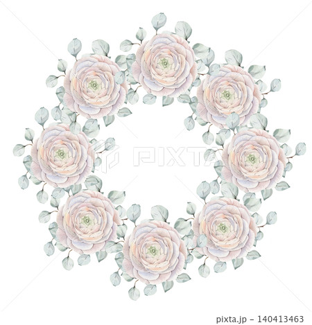 Watercolor round wreath frame with pale pink ranunculus, peony and roses flowers and silver eucalyptus branches. Blank white background, copy space. For wedding invitations and greeting cards, logo. Watercolor round wreath frame with pale pink ranunculus, peony and roses flowers and silver eucalyptus branches. Blank white background, copy space. For wedding invitations and greeting cards, logo. 140413463