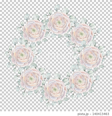 Watercolor round wreath frame with pale pink ranunculus, peony and roses flowers and silver eucalyptus branches. Blank white background, copy space. For wedding invitations and greeting cards, logo. Watercolor round wreath frame with pale pink ranunculus, peony and roses flowers and silver eucalyptus branches. Blank white background, copy space. For wedding invitations and greeting cards, logo. 140413463
