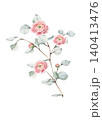 Watercolor illustration of branch with pink ranunculus flowers and green eucalyptus leaves in realistic style. Isolated on white background, for romantic design, wedding invitation, card, flower shop. 140413476